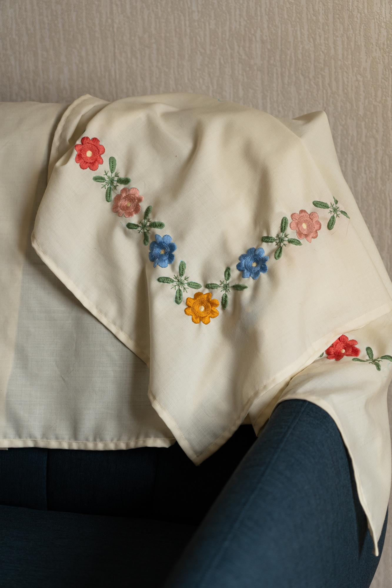 Embroidered collar detail on linen shirt